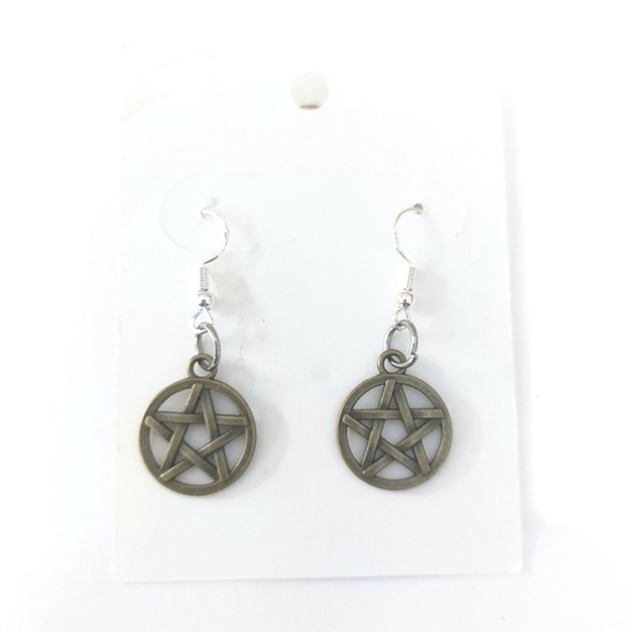 Handcrafted Bronze Tone Pentagram Earrings - Picture 2 of 3